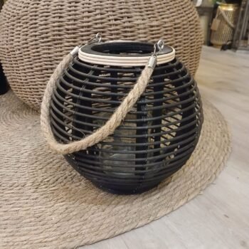 Fanal negro de fibras naturales con manija de soga de 15 x 25 cm