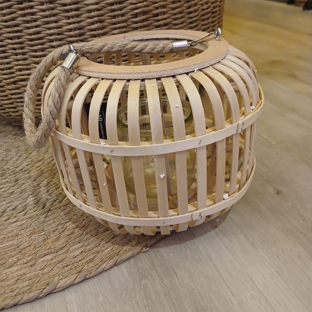 Fanal de fibras naturales con manija de soga de 20 x 25 cm