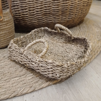 Panera de seagrass natural cuadrada con manijas de 20 x 20 x 7 cm