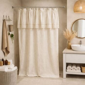 Cortina lisa de gasa natural con volado y puntilla de 180 cm