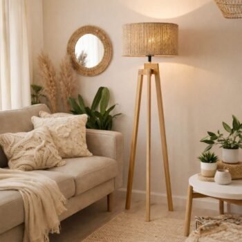 Velador de pie estilo nordico de madera con pantalla de yute de 160 cm