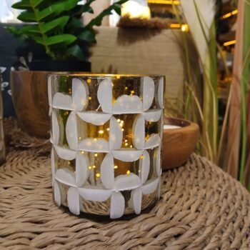 Posa vela mediano de vidrio estampado geometrico metalizado de 10 cm