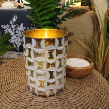 Posa vela grande de vidrio estampado geometrico metalizado de 17 cm