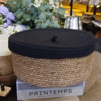 Cesto redondo de fibras naturales con tapa negra grande de 30 x 15 cm