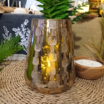 Posa vela grande de vidrio conico estampado metalizado de 19 cm