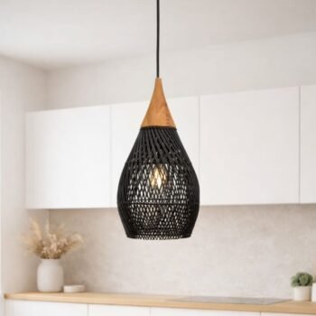 Colgante artesanal Ibiza de ratan negro y estructura metalica de 25 x 50 cm