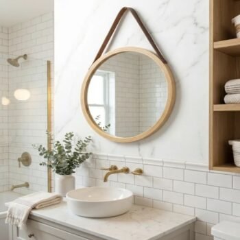 Espejo de redondo con marco de bambu y correa de cuero de 50 cm