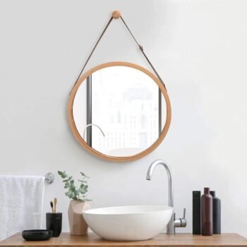 Espejo de redondo con marco de bambu y correa de cuero de 30 cm