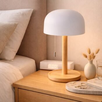 Velador lampara de mesa escritorio led recargable blanco y bambu