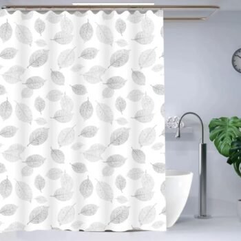 Cortina de baño de poliestileno blanco estampada hojas con 12 ganchos de 180 cm