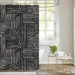 Cortina de baño de poliestileno negro estampada con 12 ganchos de 180 cm