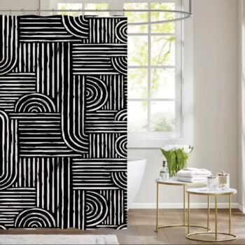 Cortina de baño de poliestileno negro estampada con 12 ganchos de 180 cm