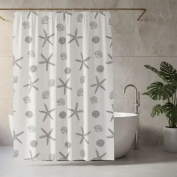 Cortina de baño de poliestileno blanco estrellas de mar con 12 ganchos de 180 cm