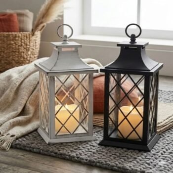 Farol fanal enrejado con vela led en blanco o negro de 30 cm