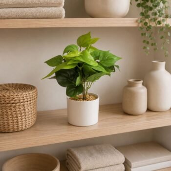 Planta de hojas verdes artificial de 35 cm en maceta blanca