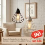 Home Sale: Colgante tipo jaula mini diamante blanco o negro con foco edison Yarlux