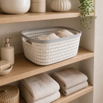 Canasto organizador de pvc blanco con gris 38 x 25 cm