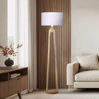 Lampara de pie modelo Ribil de madera paraiso y pantalla blanca 168 cm