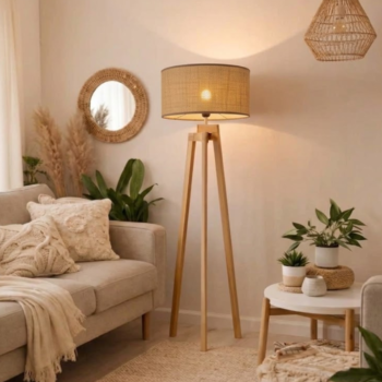 Velador / lampara de pie estilo nordico de madera con pantalla de arpillera de 160 cm