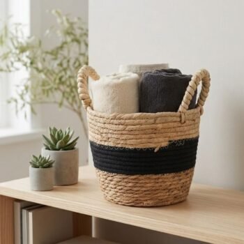 Cesto / canasto de fibras naturales combinado con nylon interno mediano de 28 x 20 cm