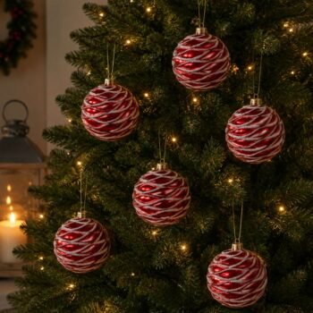 Set de 6 bolas de navidad para colgar rojas con glitter blanco de 6 cm