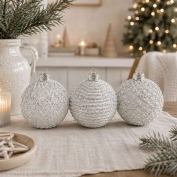 Set de 3 bolas / esferas de navidad color blanco con detalles plateados de 10 cm