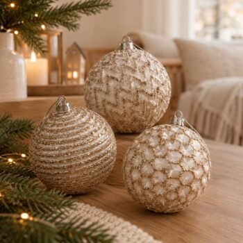 Set de 3 bolas / esferas de navidad color blanco con detalles champagne de 10 cm