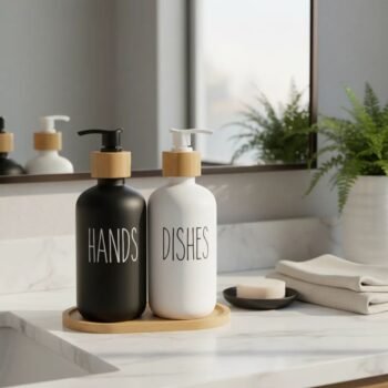 Set de dispenser jabon y detergente con bandeja de bambu