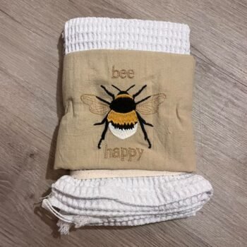 Set de repasador de algodon waffle y paño de tussor bordado Abeja