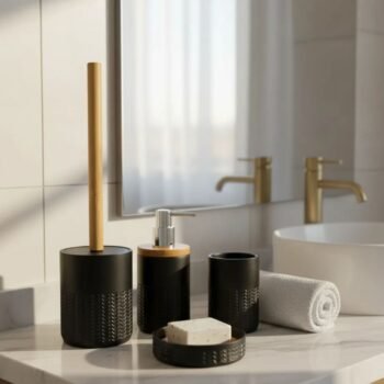 Set de baño dispenser y porta cepillos color negro con bambu 4 piezas