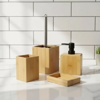 Set de baño dispenser y porta cepillos color negro con bambu