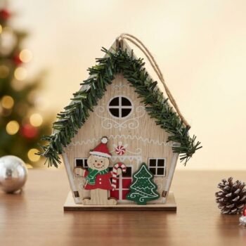 Adorno de Navidad colgante con luz casita con muñeco de 12 x 10 cm