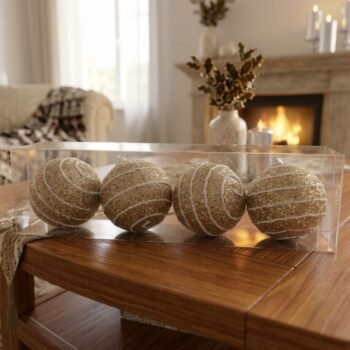 Set de 4 bolas de navidad glitter color champagne de 7 cm