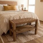 Banco de madera con doble tejido kraft de 56 x 30 x 42 cm