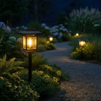 Farol con foco filamento y estaca solar luz led calida