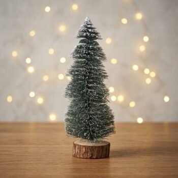 Pinito / Arbol de navidad nevado con glitter plateado y base de tronco de 27 cm