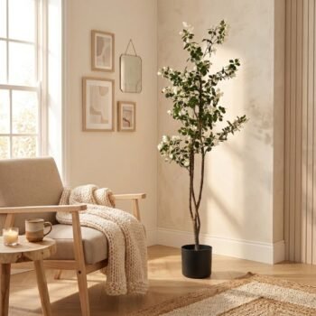 Planta artificial estilo cerezo con flores blancas de 160 cm en maceta