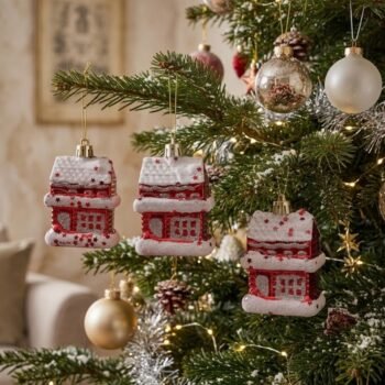 Set de 3 adornos navidad casita color rojo con nieve