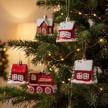 Set de 3 adornos navidad tren y casita color rojo y blanco