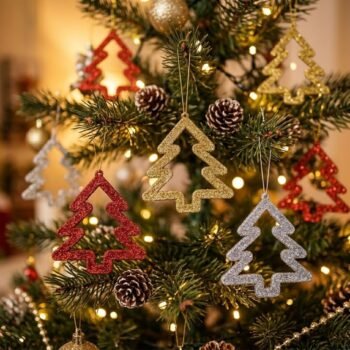 Adorno navideño set x 3 pinos arbolitos con glitter para colgar de 9 cm