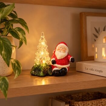 Adorno arbol de navidad con luz led y Papa Noel de ceramica