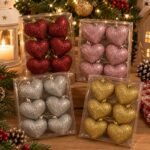 Set de 6 corazones de navidad para colgar con glitter de 6 cm