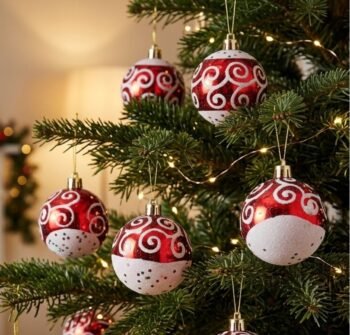 Set de 6 bolas / esferas navidad color rojo y blanco