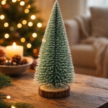 Pinito / Arbol de navidad nevado con base de tronco y luz multicolor 20 cm