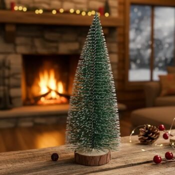 Pinito / Arbol de navidad nevado con base de tronco y luz multicolor 25 cm
