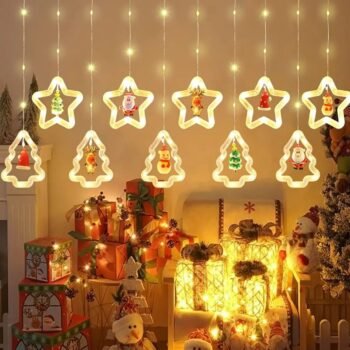 Cortina Led navideñas pinos y estrellas luz calida de 3 x 0,60 mts